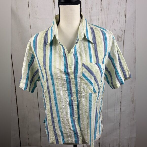 NWT Sara Studio Women’s Button-Up Shirt Striped Green Blue Short Sleeve Pocket - Picture 1 of 7